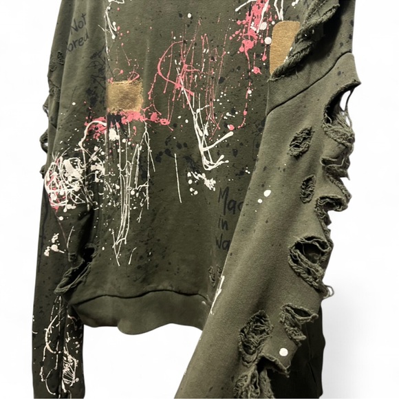 Zara Sweatshirt High Neck Green Distressed Grafitti Splatter Paint - Small Women - Picture 7 of 14